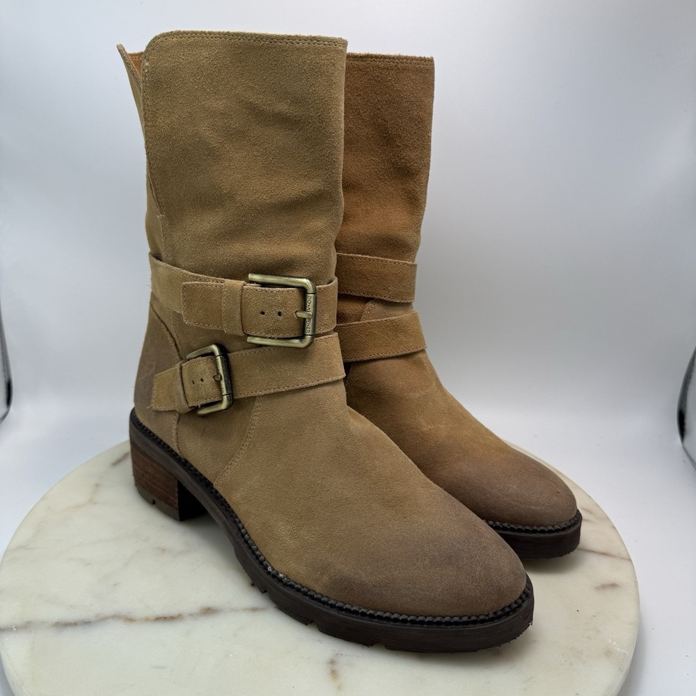Donald Pliner Women's Saraya Waxy Suede Slip-On Bootie Buckle Caramel Size 8.5M